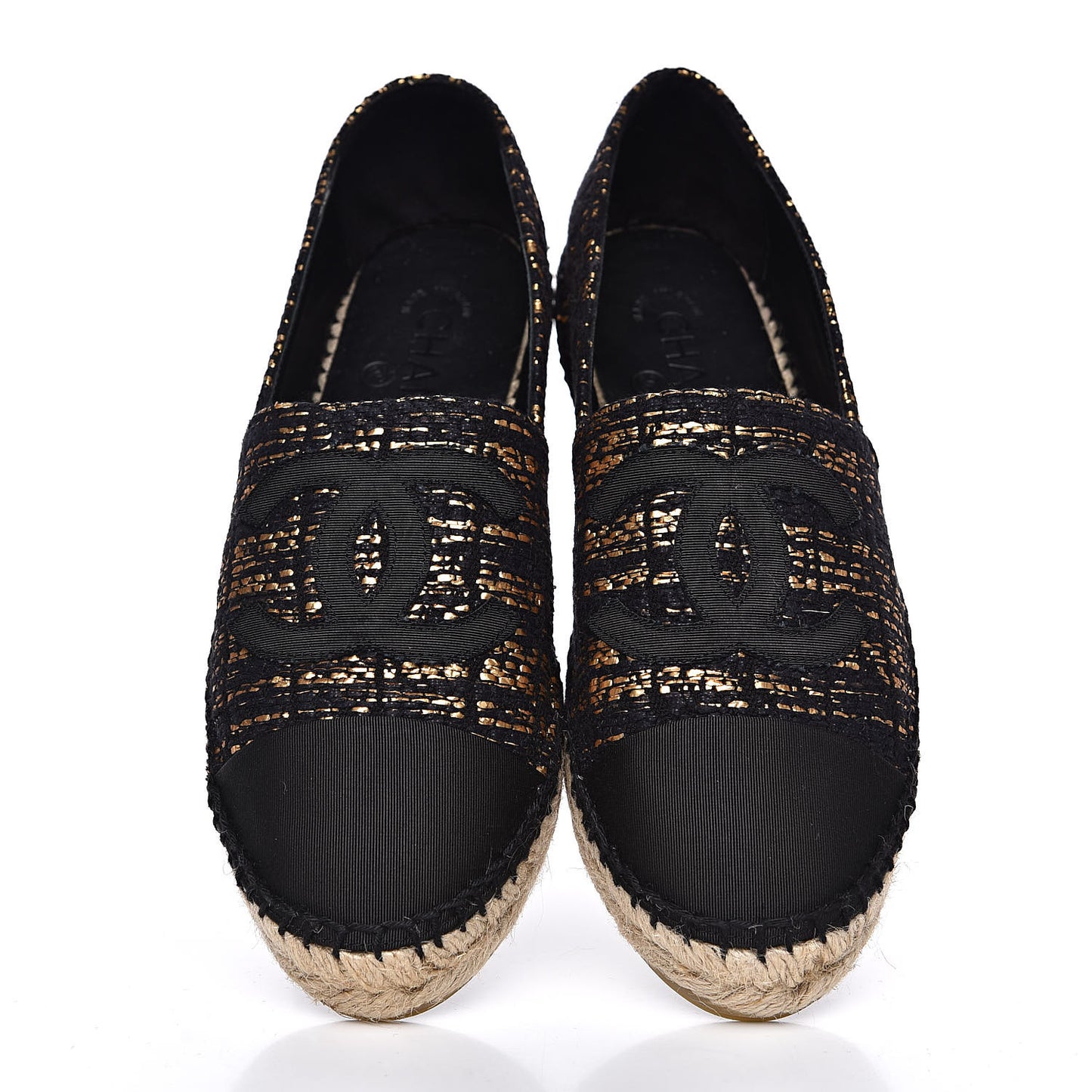 Metallic Tweed Grosgrain CC Espadrilles 39 Black Gold