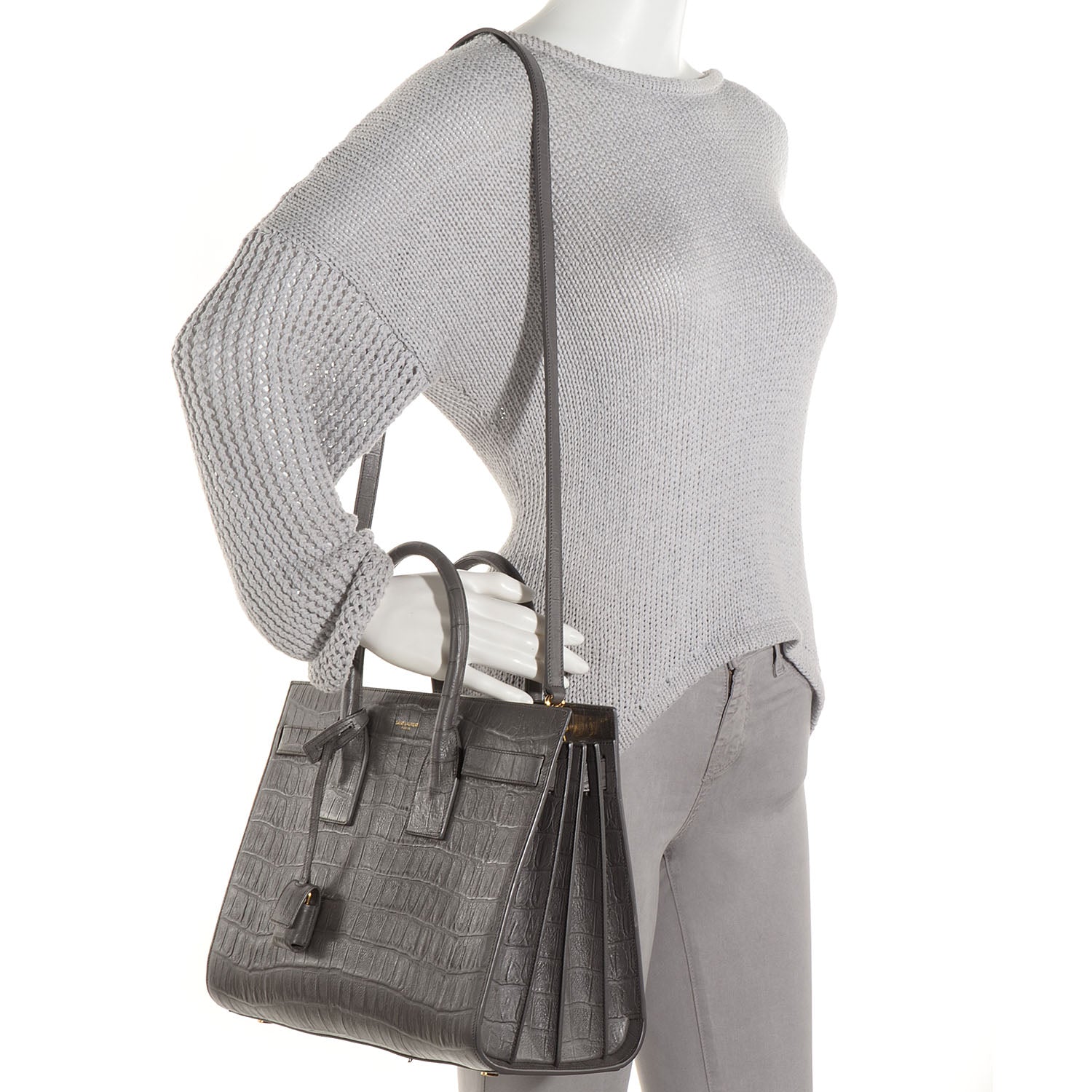 Saint Laurent Calfskin Crocodile Embossed Small Sac de Jour Earth 2 of 10