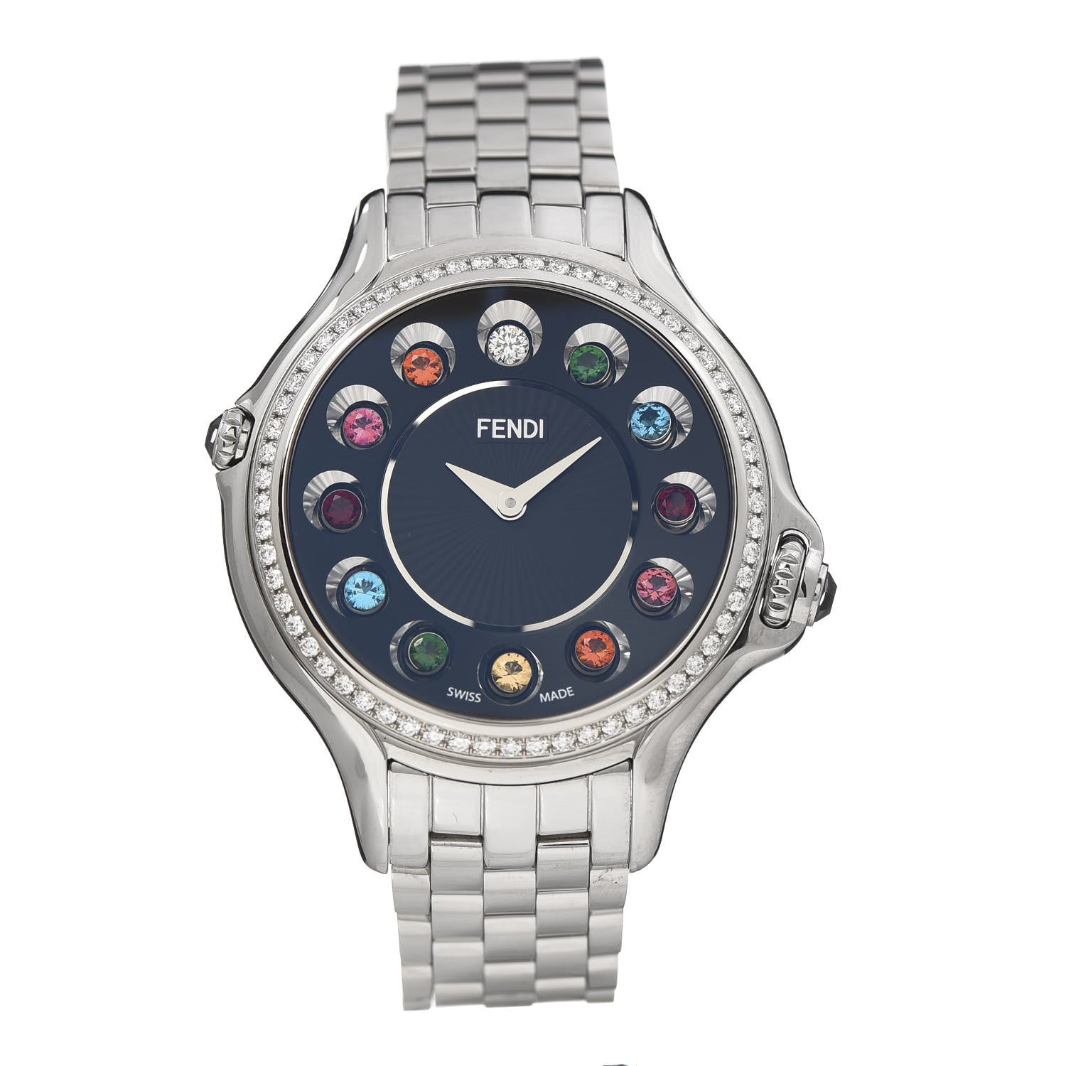 Fendi Stainless Steel Diamond Bezel Topaz 38mm Crazy Carats Quartz Watch Black 1 of 10