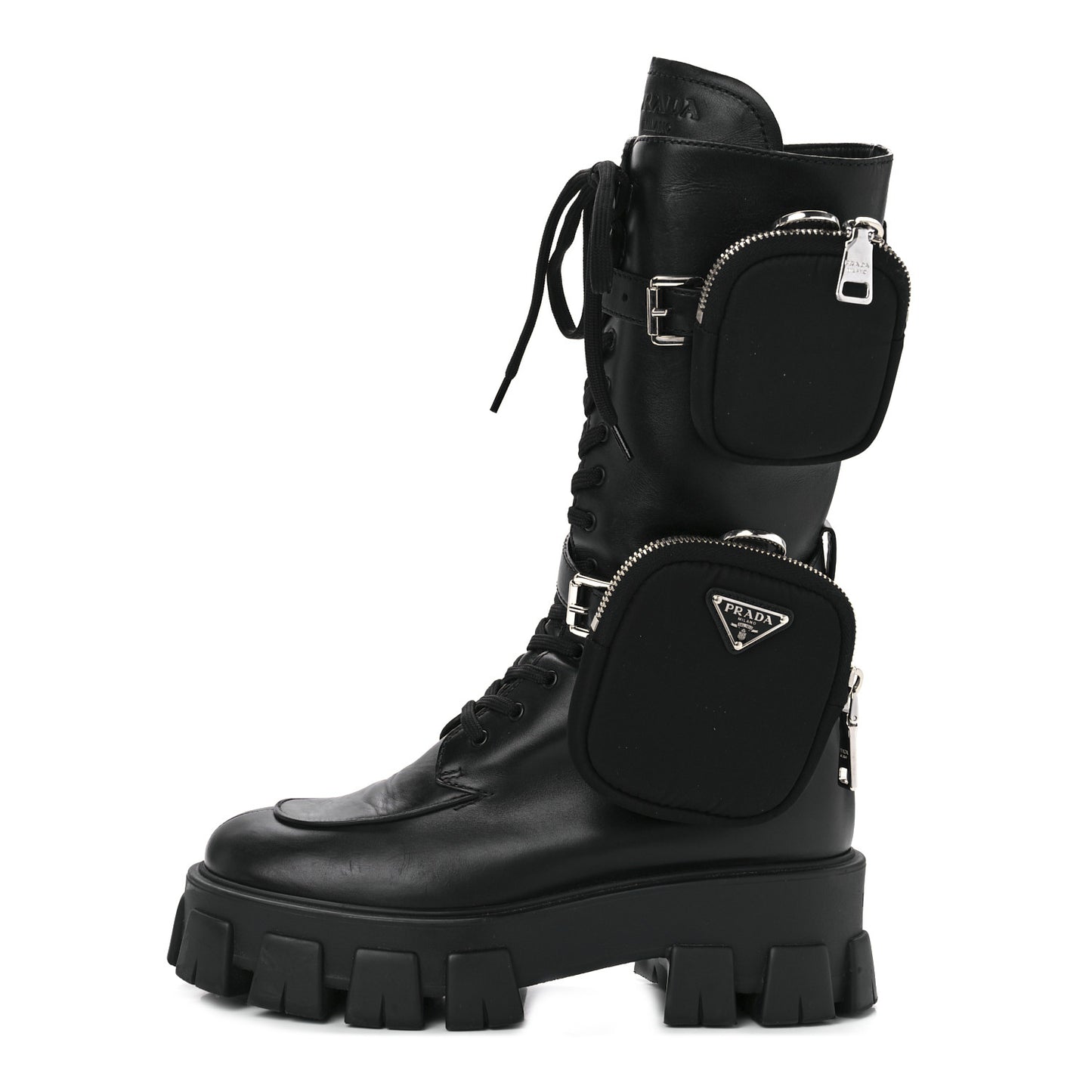 Vitello Lux Nylon Metal Triangle Logo Monolith Pouch Pocket 55mm Tall Combat Boots 39 Black