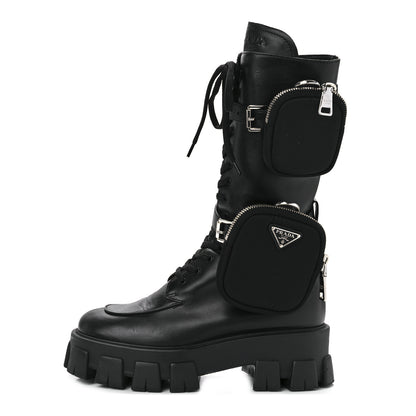 Prada Vitello Lux Nylon Metal Triangle Logo Monolith Pouch Pocket 55mm Tall Combat Boots 39 Black 1 of 7