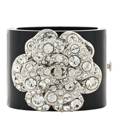 Chanel Resin Swarovski Crystal Camellia CC Cuff Black Silver 1 of 3