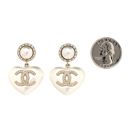 Chanel Pearl Crystal CC Heart Drop Earrings Gold 2 of 4
