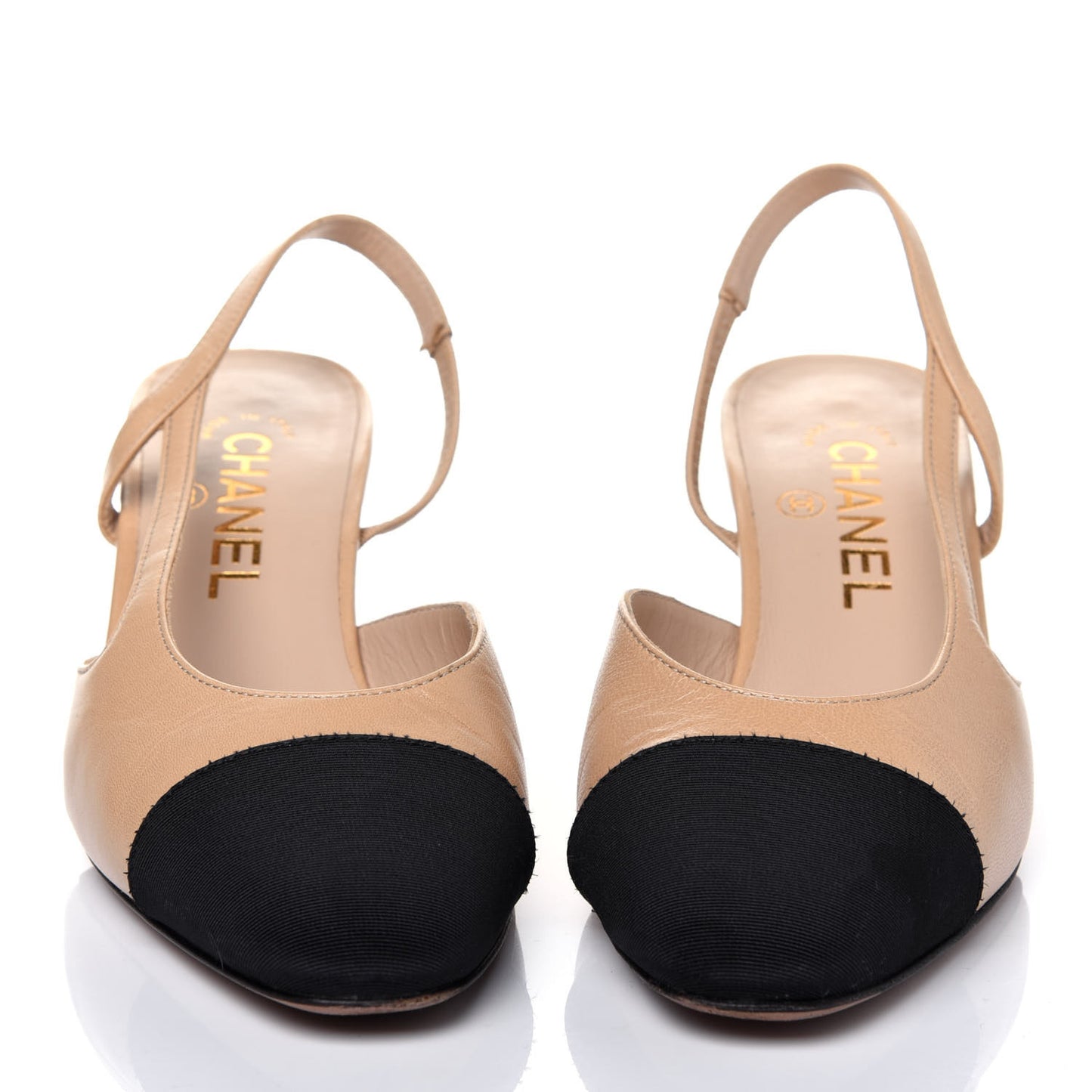 Goatskin Grosgrain Cap Toe CC Slingback Pumps 36.5 Beige Black