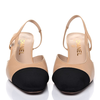 Chanel Goatskin Grosgrain Cap Toe CC Slingback Pumps 36.5 Beige Black 2 of 14