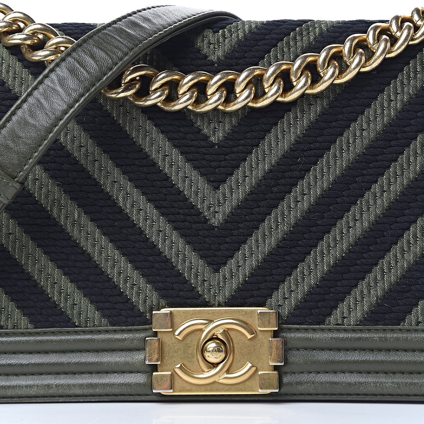 Fabric Chevron Braided Medium Boy Flap Black Dark Green