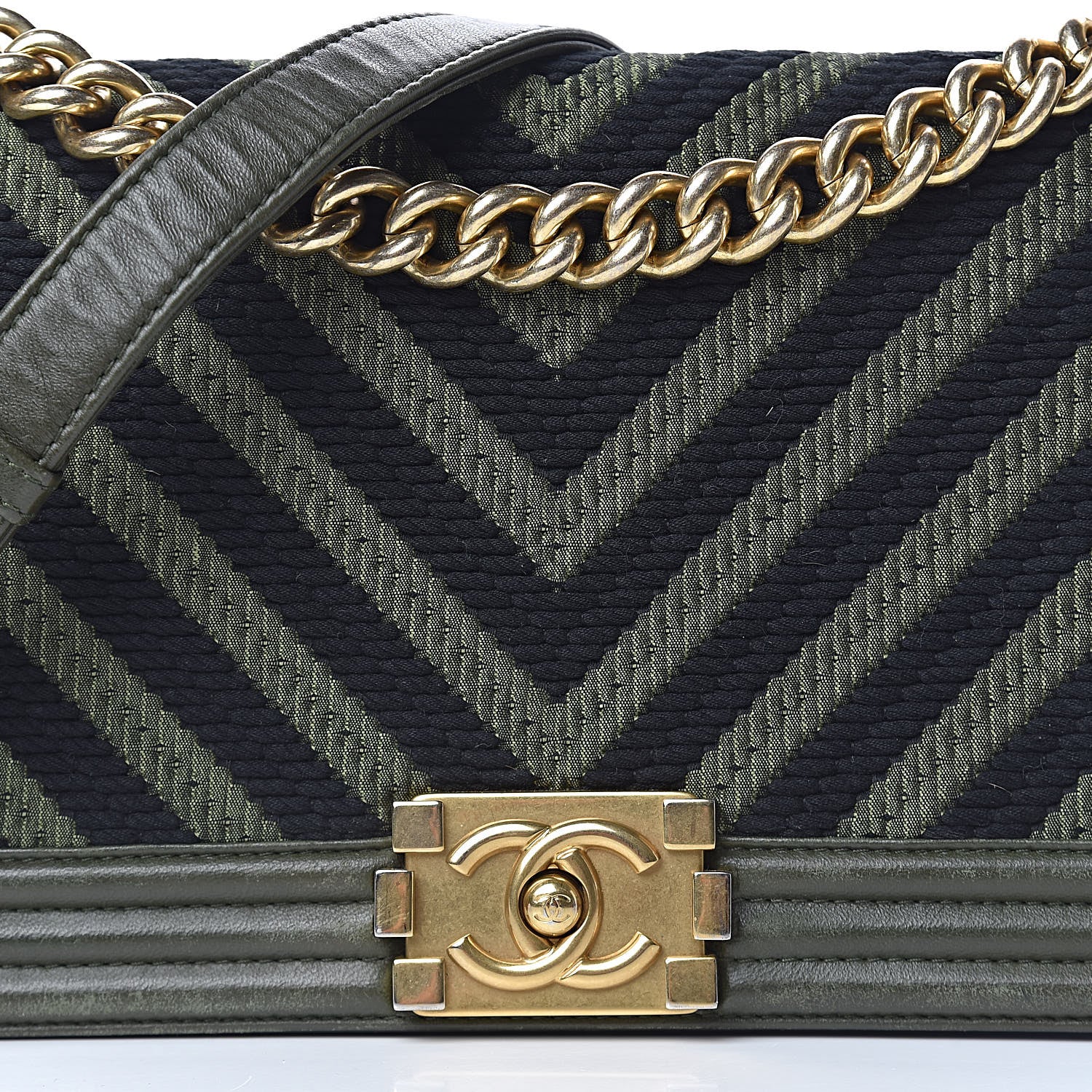 Chanel Fabric Chevron Braided Medium Boy Flap Black Dark Green 28 of 28
