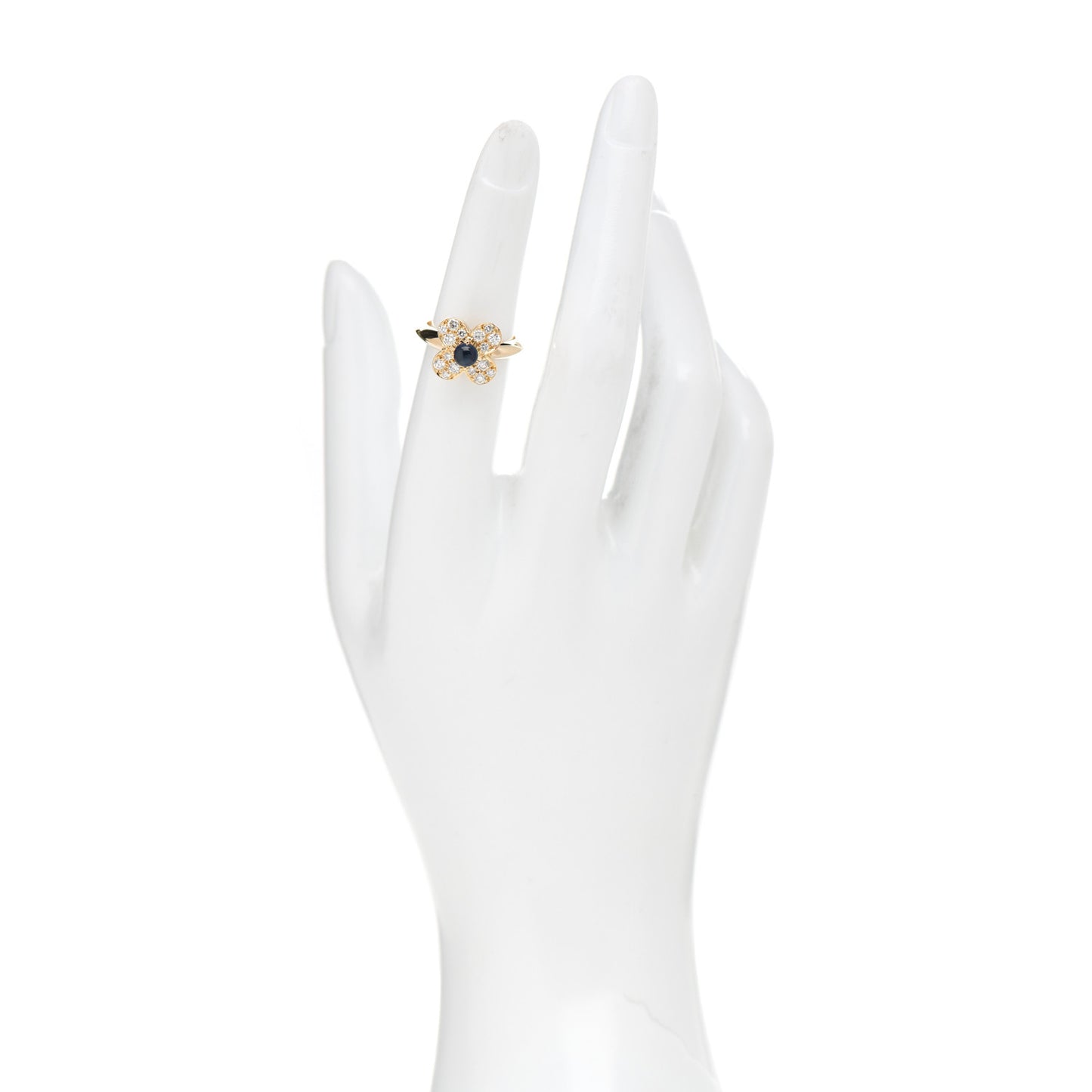 18K Yellow Gold Diamond Blue Sapphire Trefle Ring 50 5.25
