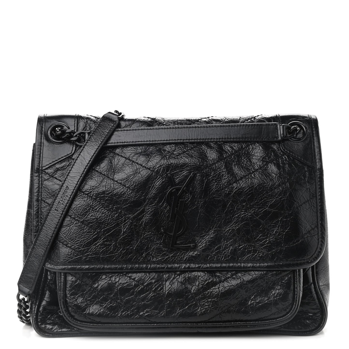 Crinkled Calfskin Matelasse Monogram Medium Niki Chain Satchel Black