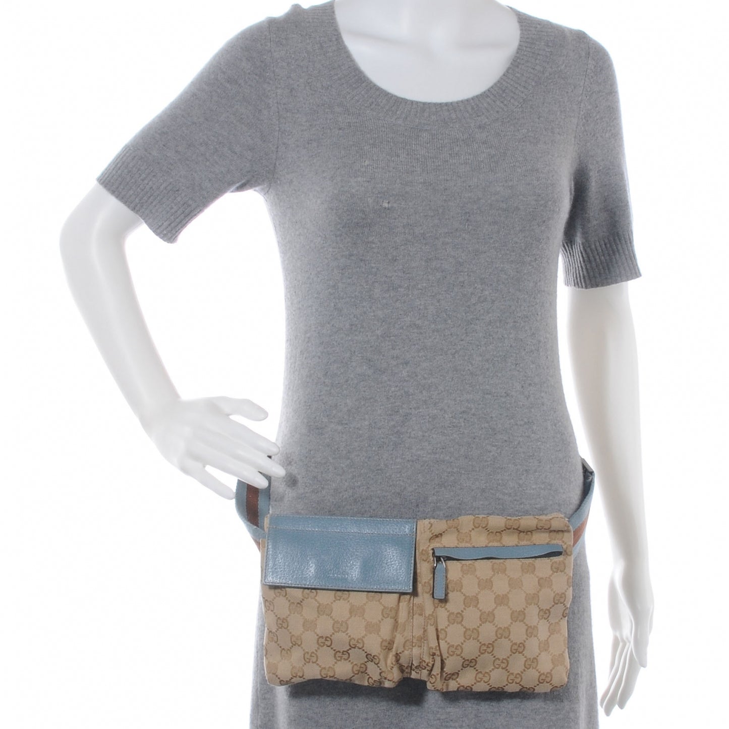 GG Monogram Web Double Pocket Belt Bag Blue Brown