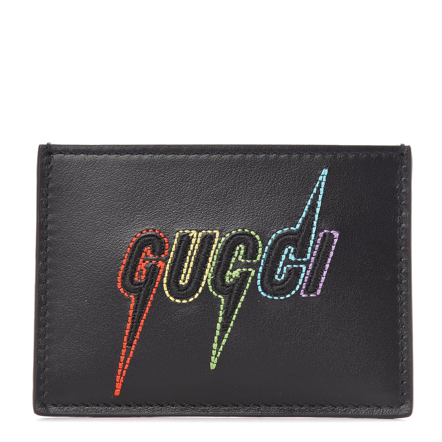 Calfskin Blade Embroidered Card Case Black