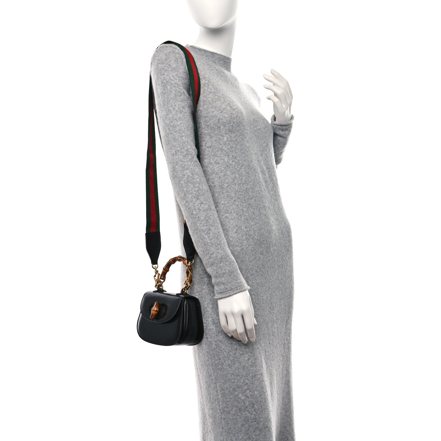 Gucci Boarded Dyana Lux Calfskin Web MIni Bamboo 1947 Top Handle Bag Black 2 of 8