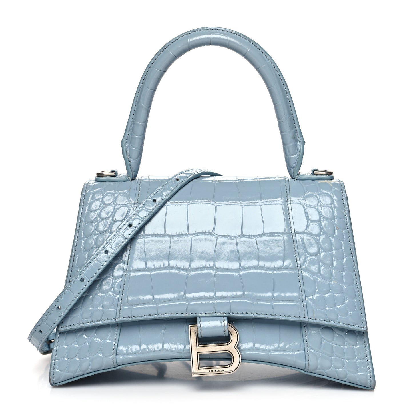 Shiny Calfskin Crocodile Embossed Small Hourglass Top Handle Bag Blue Grey