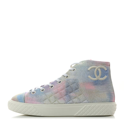 Chanel Printed Fabric Quilted High Top Sneakers 38 Green Pink Blue 1 of 9