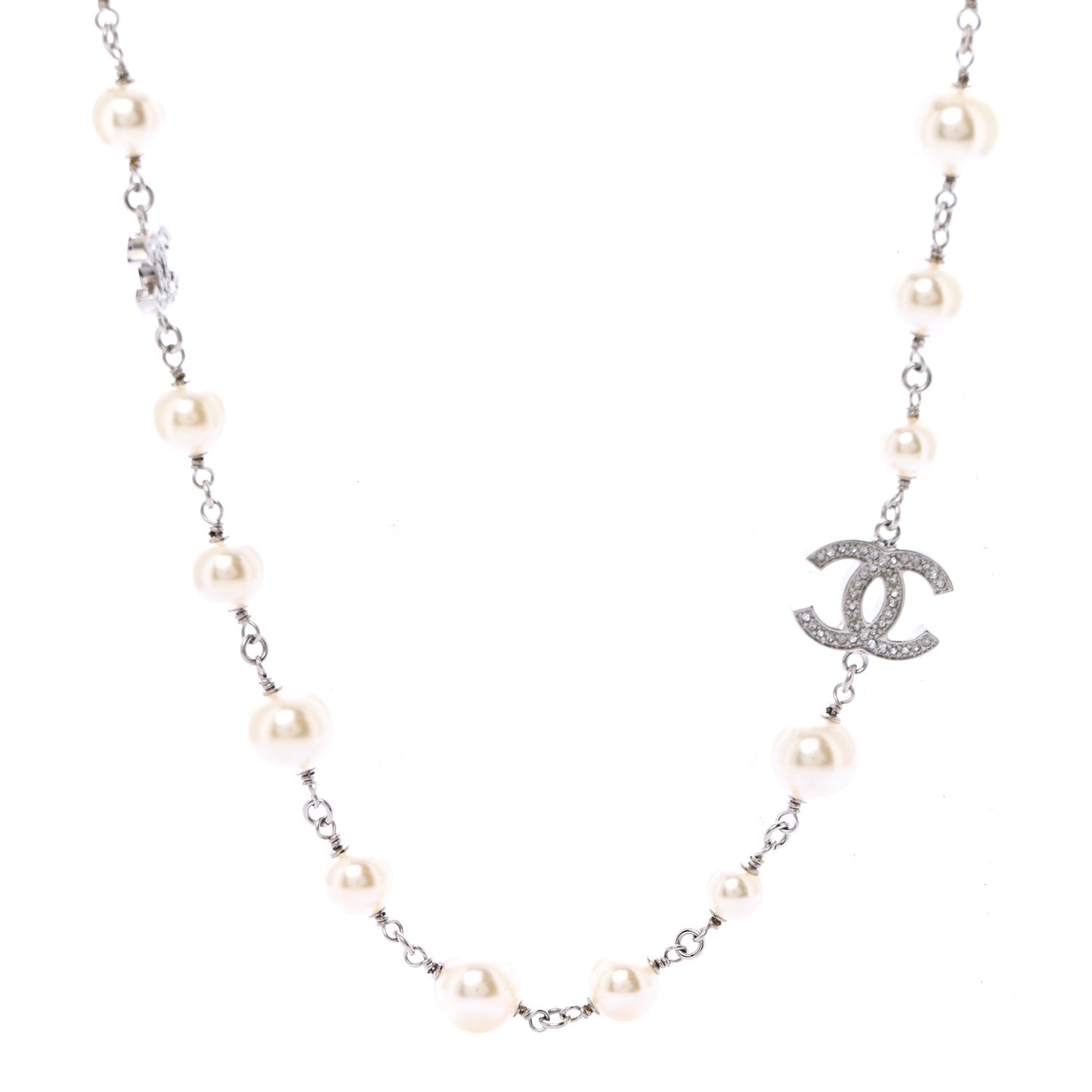 Graduated Pearl Crystal CC Long Necklace Silver