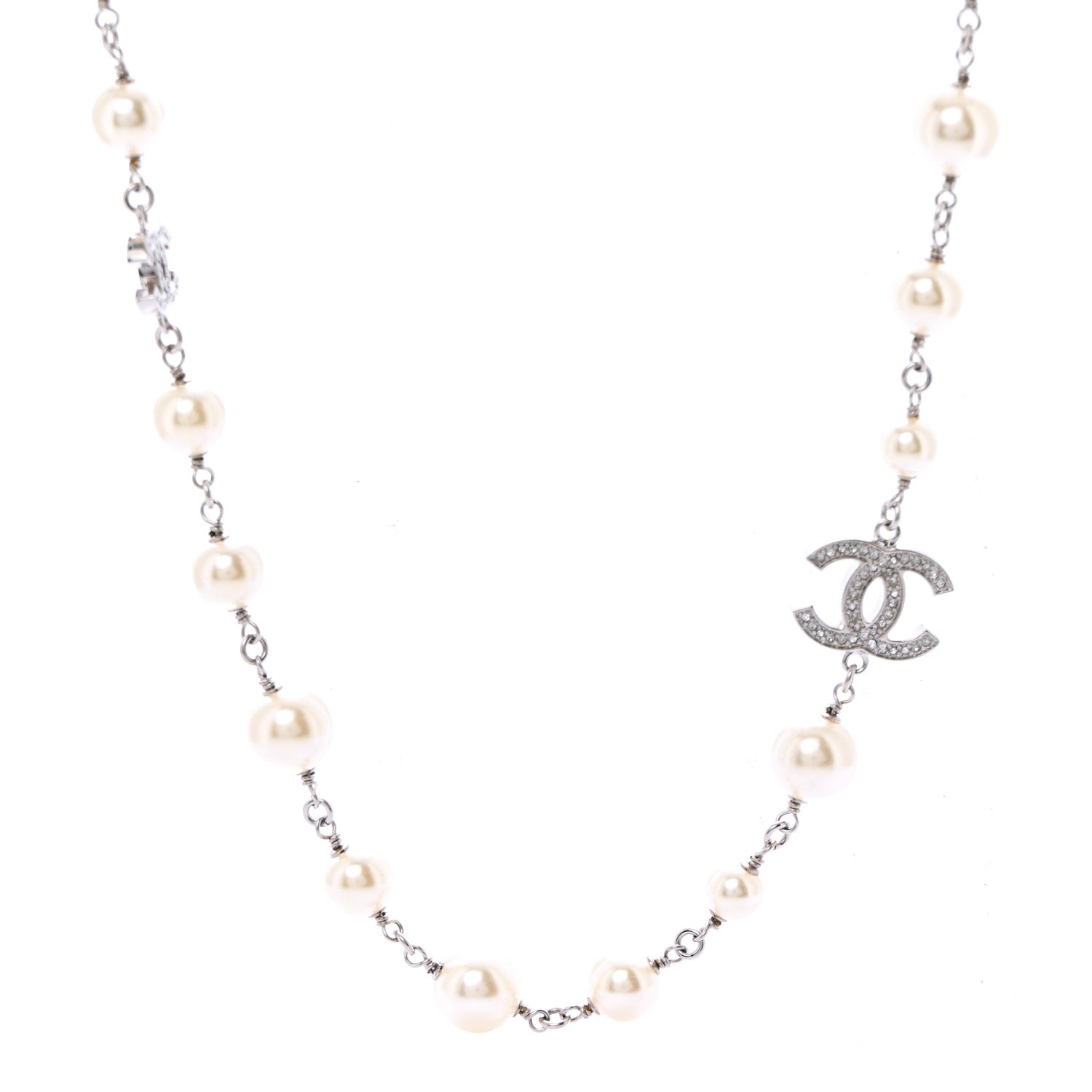 Chanel Graduated Pearl Crystal CC Long Necklace Silver 4 of 7