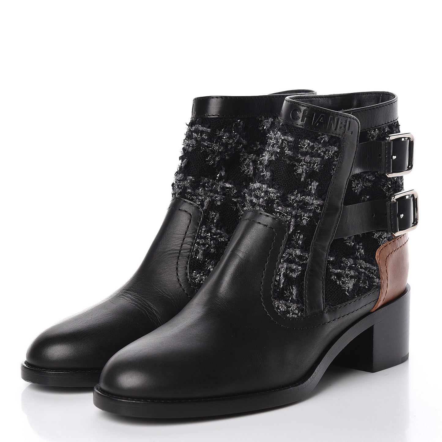 Tweed Lambskin Short Boots 38 Black Grey