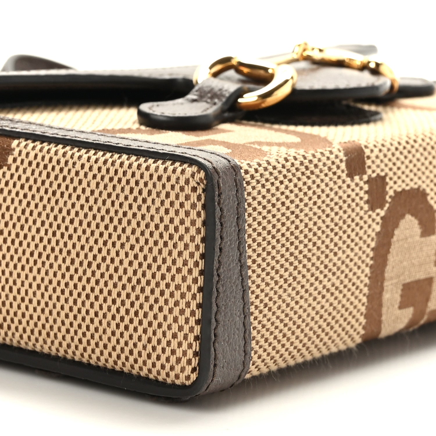 Gucci Monogram Jumbo GG Textured Dollar Calfskin Mini Horsebit 1955 Shoulder Bag Camel Ebony New Acero 8 of 9