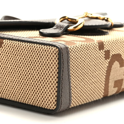 Gucci Monogram Jumbo GG Textured Dollar Calfskin Mini Horsebit 1955 Shoulder Bag Camel Ebony New Acero 8 of 9