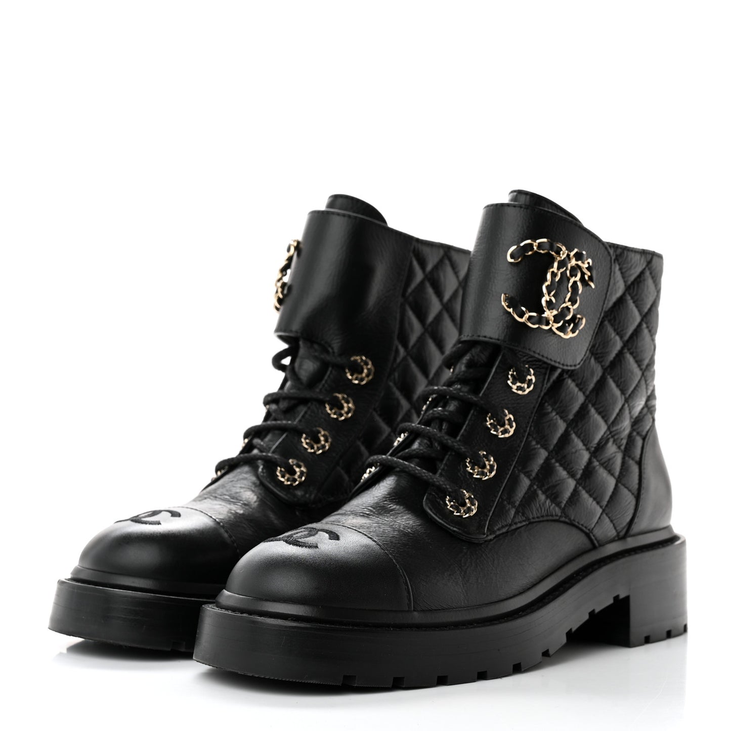 Shiny Goatskin Calfskin Quilted Lace Up Combat Boots 36.5 Black