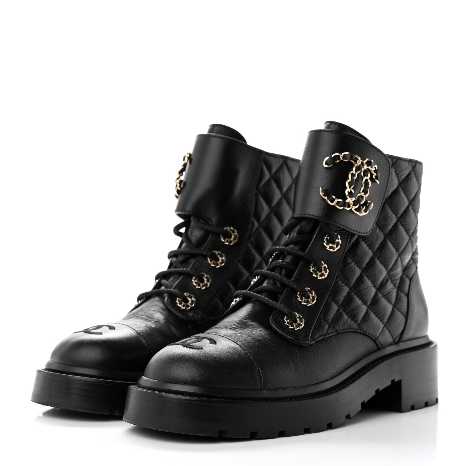 Chanel Shiny Goatskin Calfskin Quilted Lace Up Combat Boots 36.5 Black 3 of 11