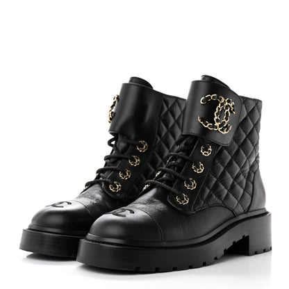 Chanel Shiny Goatskin Calfskin Quilted Lace Up Combat Boots 36.5 Black 3 of 11