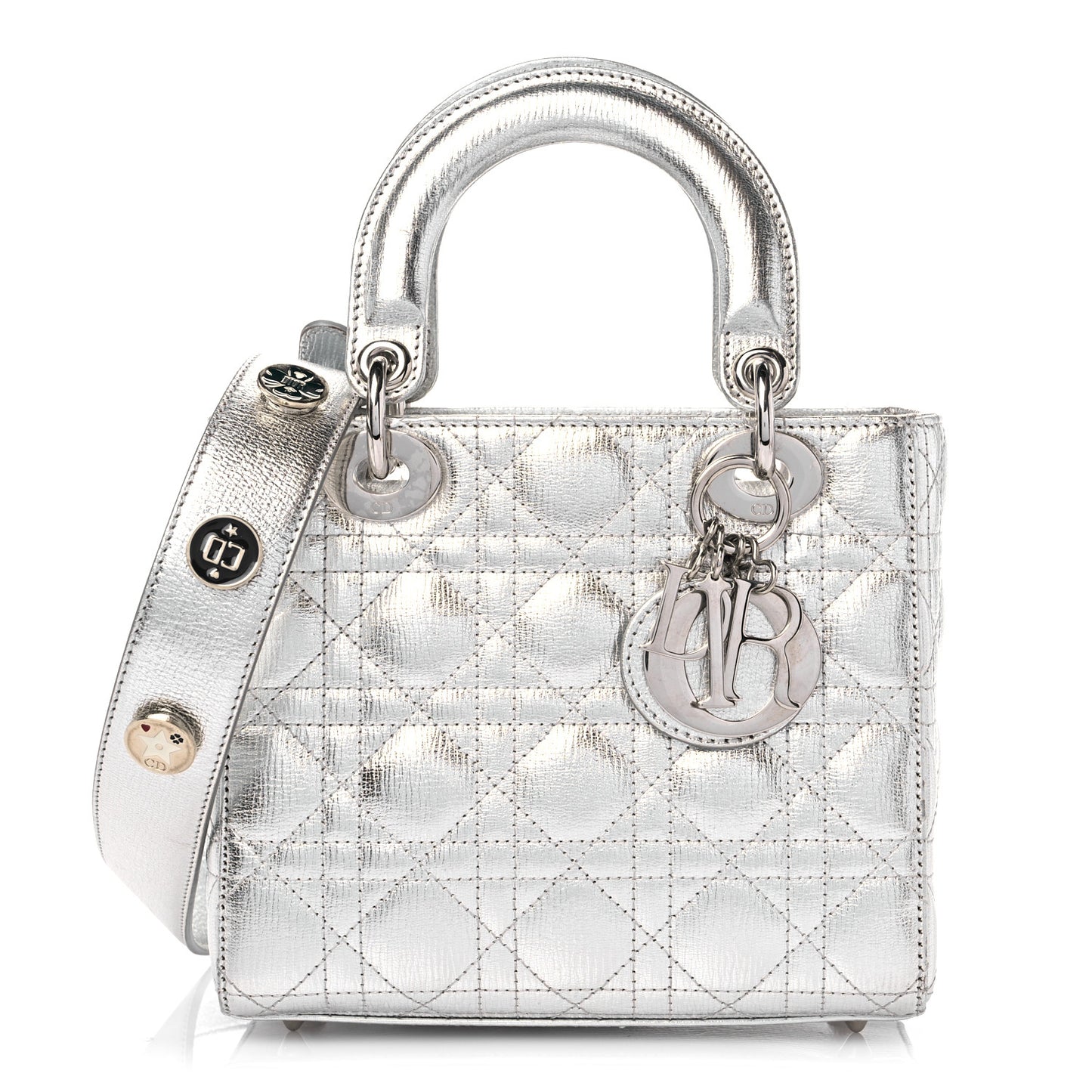 Metallic Grained Calfskin Cannage Small Lucky Badges My Lady Dior Silver