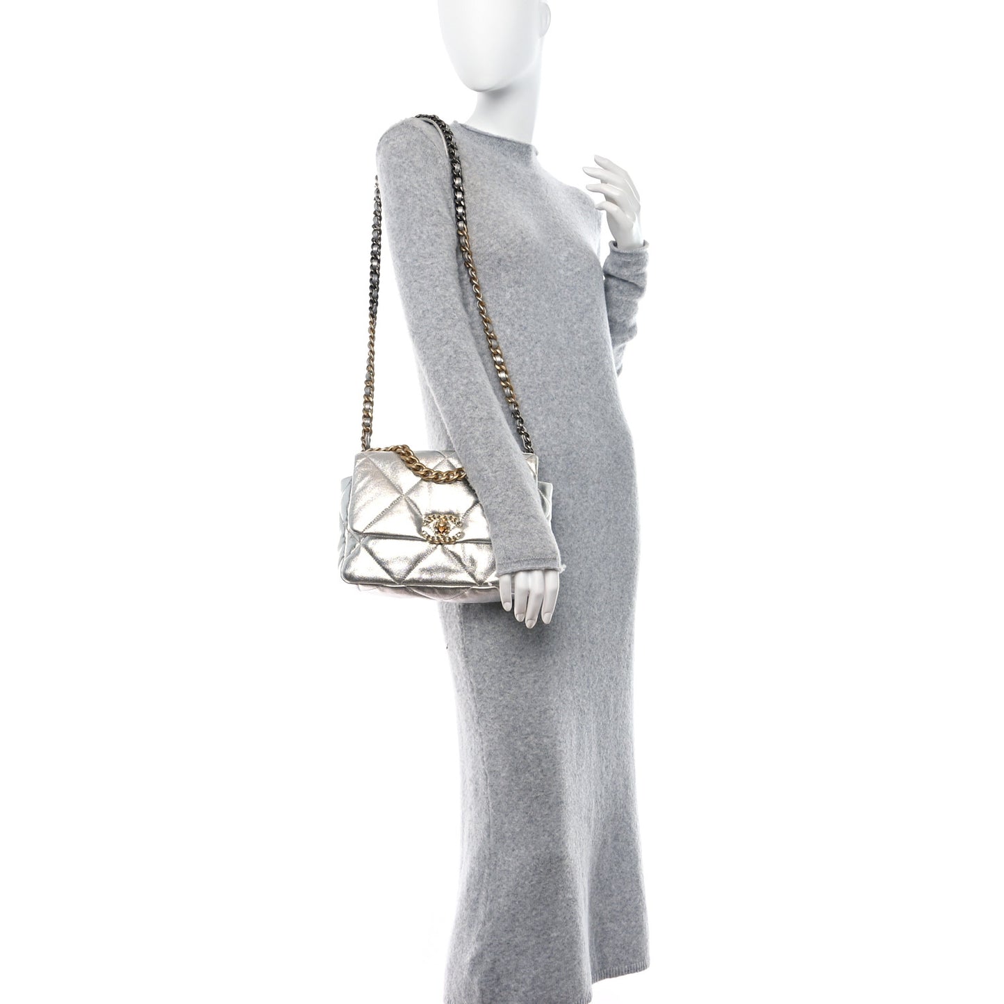 Metallic Lambskin Quilted Medium 19 Flap Silver