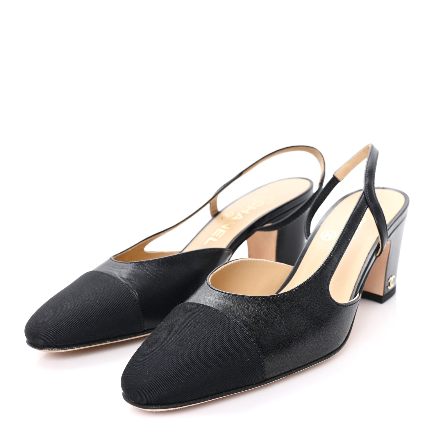 Chanel Goatskin Grosgrain Cap Toe CC Slingback Pumps 36 Black 4 of 10