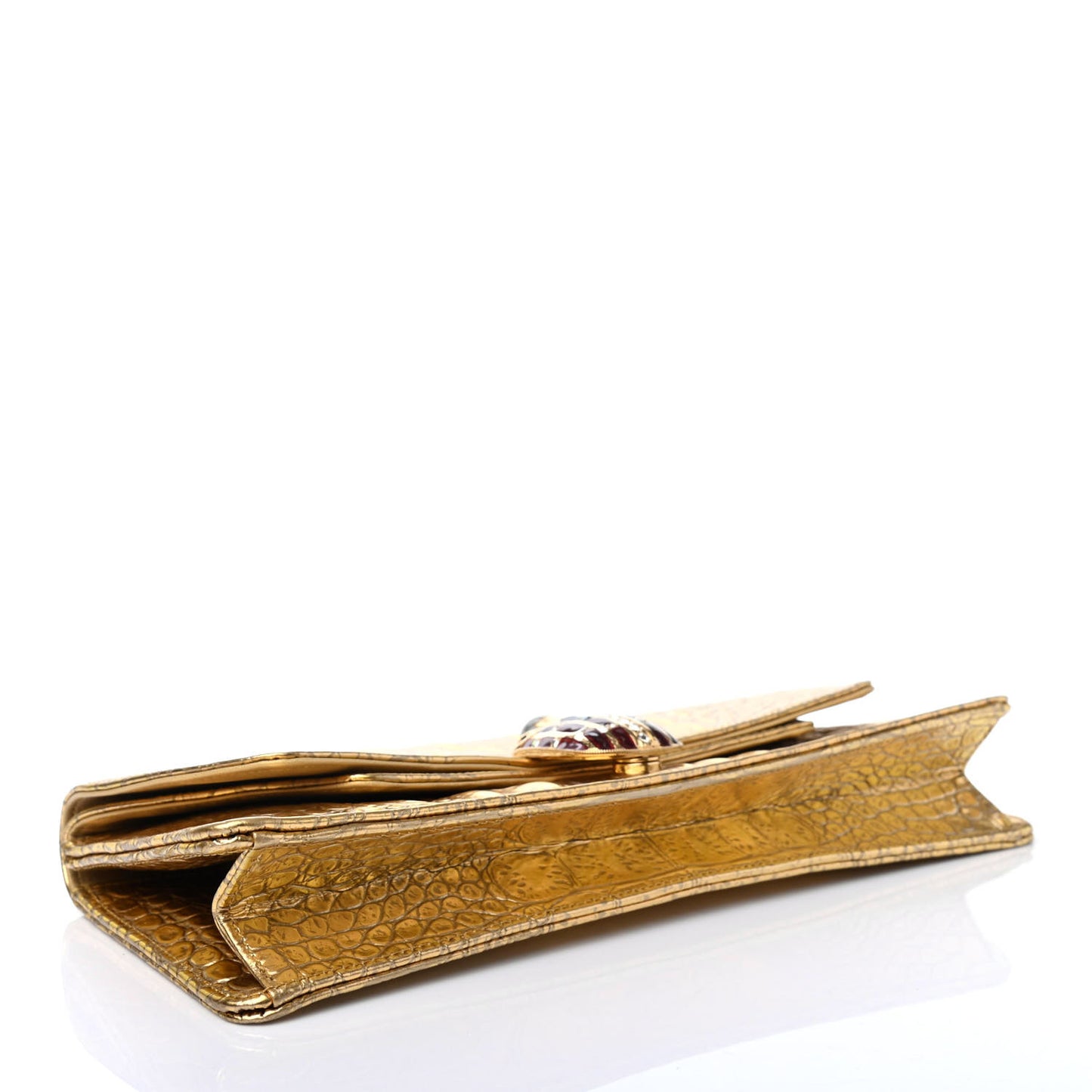 Metallic Calfskin Crocodile Embossed Cocodile Clutch Gold
