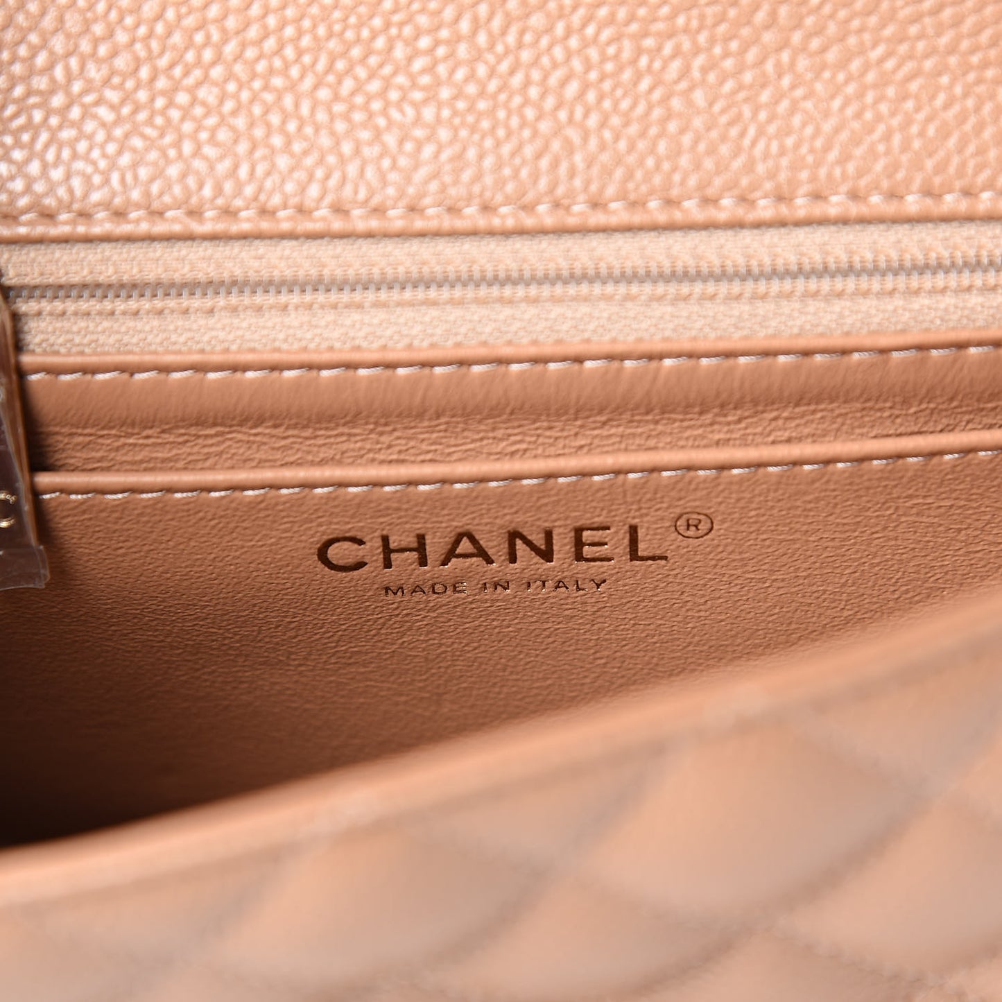 Iridescent Caviar Quilted Mini Square Flap Beige