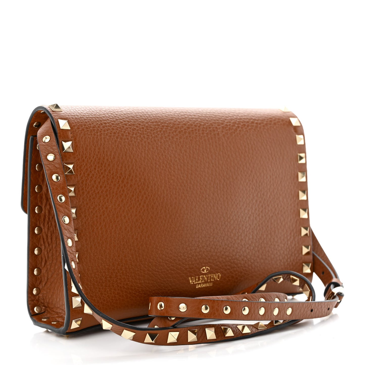 Pebbled Calfskin Medium Rockstud Flip Lock Crossbody Bag Saddle Brown