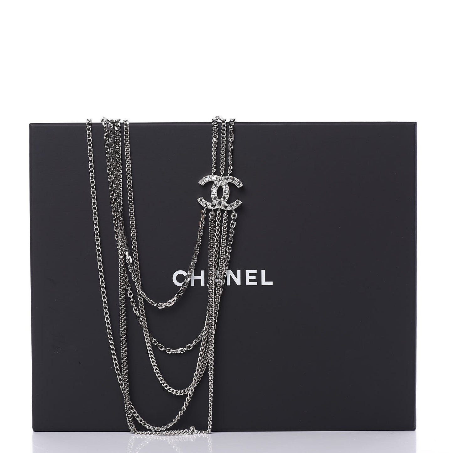 Baguette Crystal CC Shield Multi Strand Long Chain Necklace Silver