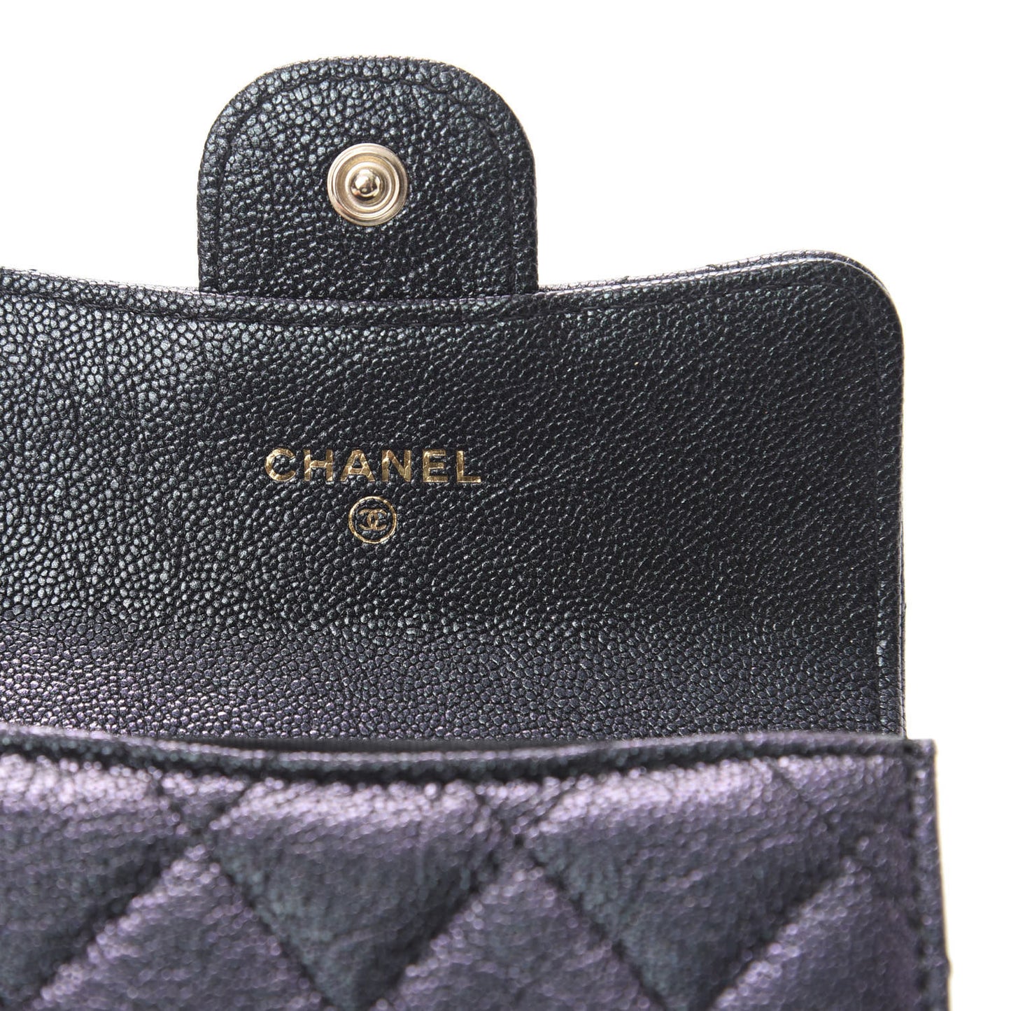 Iridescent Caviar Quilted Flap Card Holder Wallet Black