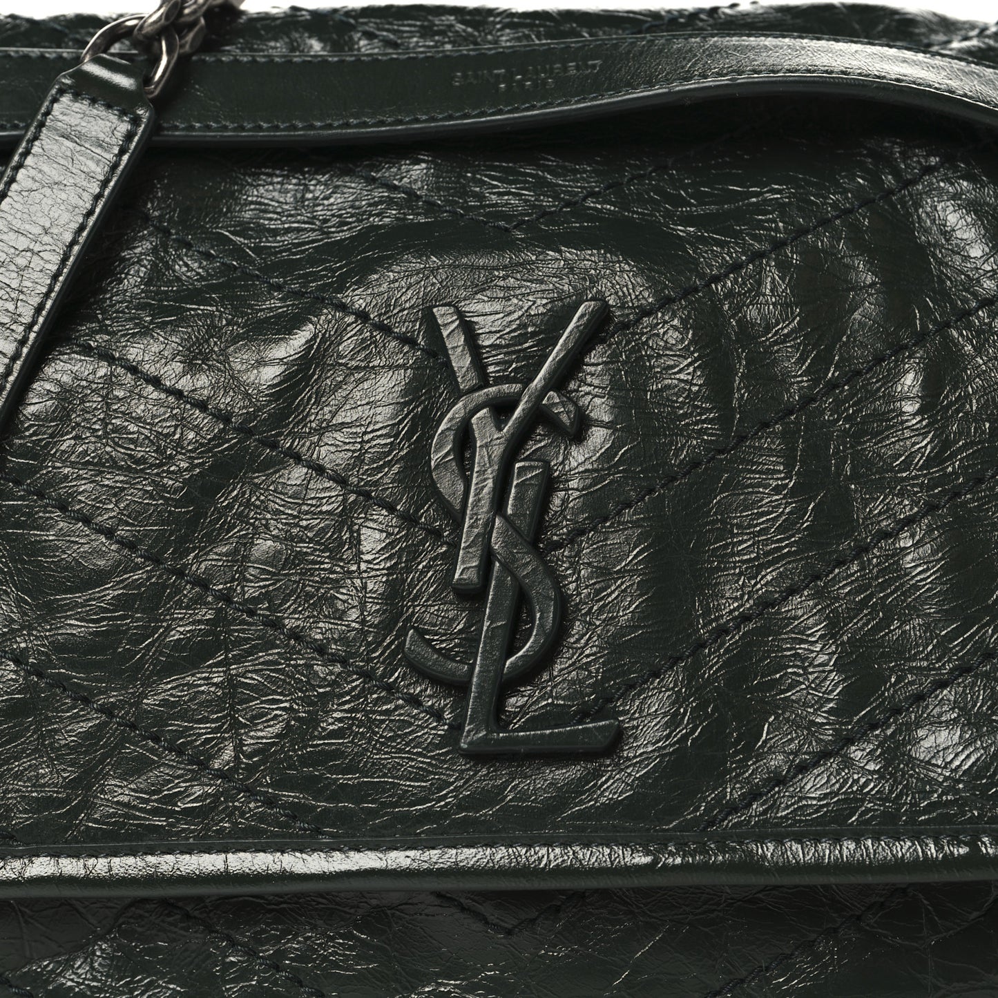 Crinkled Lambskin Matelasse Monogram Medium Niki Chain Satchel Vert Fonce