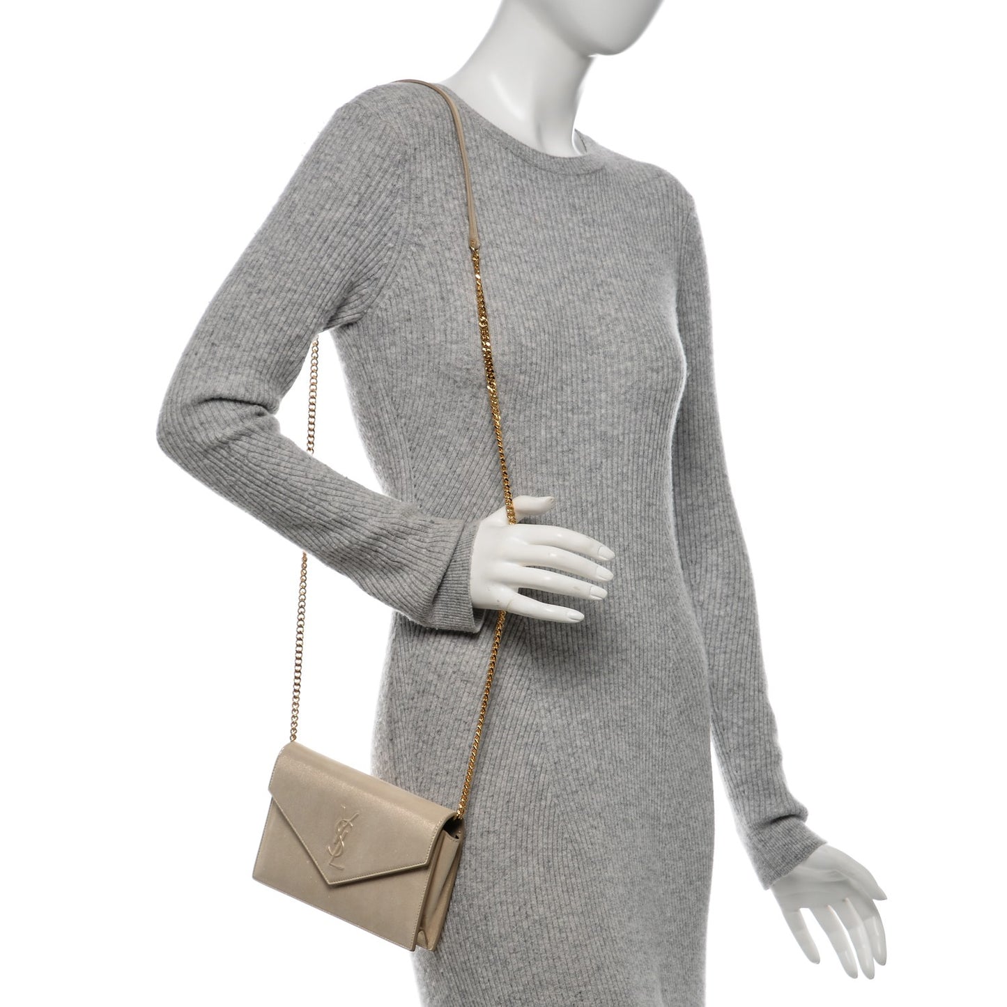 Metallic Fabric Monogram Envelope Chain Wallet Champagne