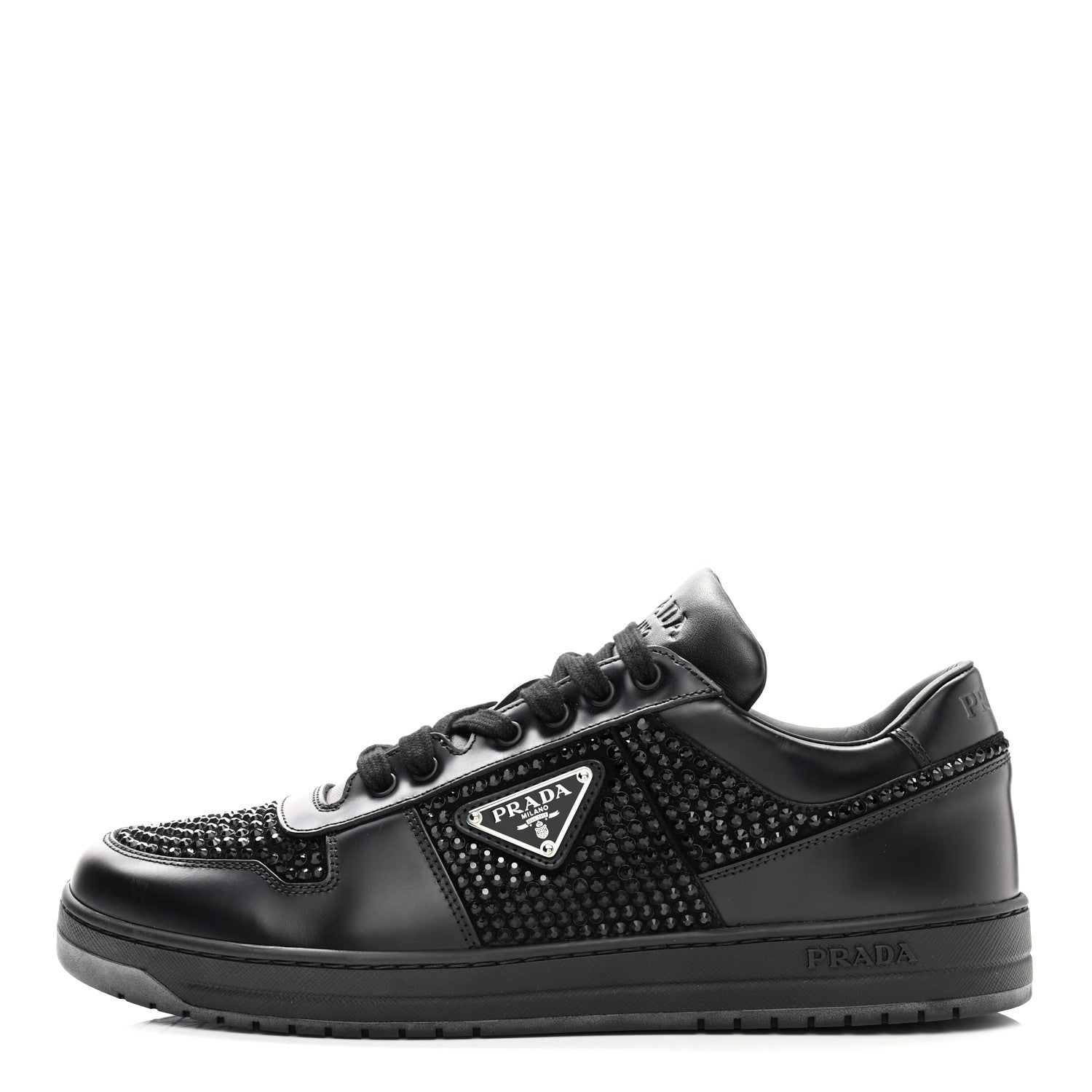 Prada Vitello Rois Crystal Embellished Metal Triangle Logo Mens Downtown Low Top Sneakers 8.5 Black 1 of 12
