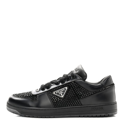 Prada Vitello Rois Crystal Embellished Metal Triangle Logo Mens Downtown Low Top Sneakers 8.5 Black 1 of 12