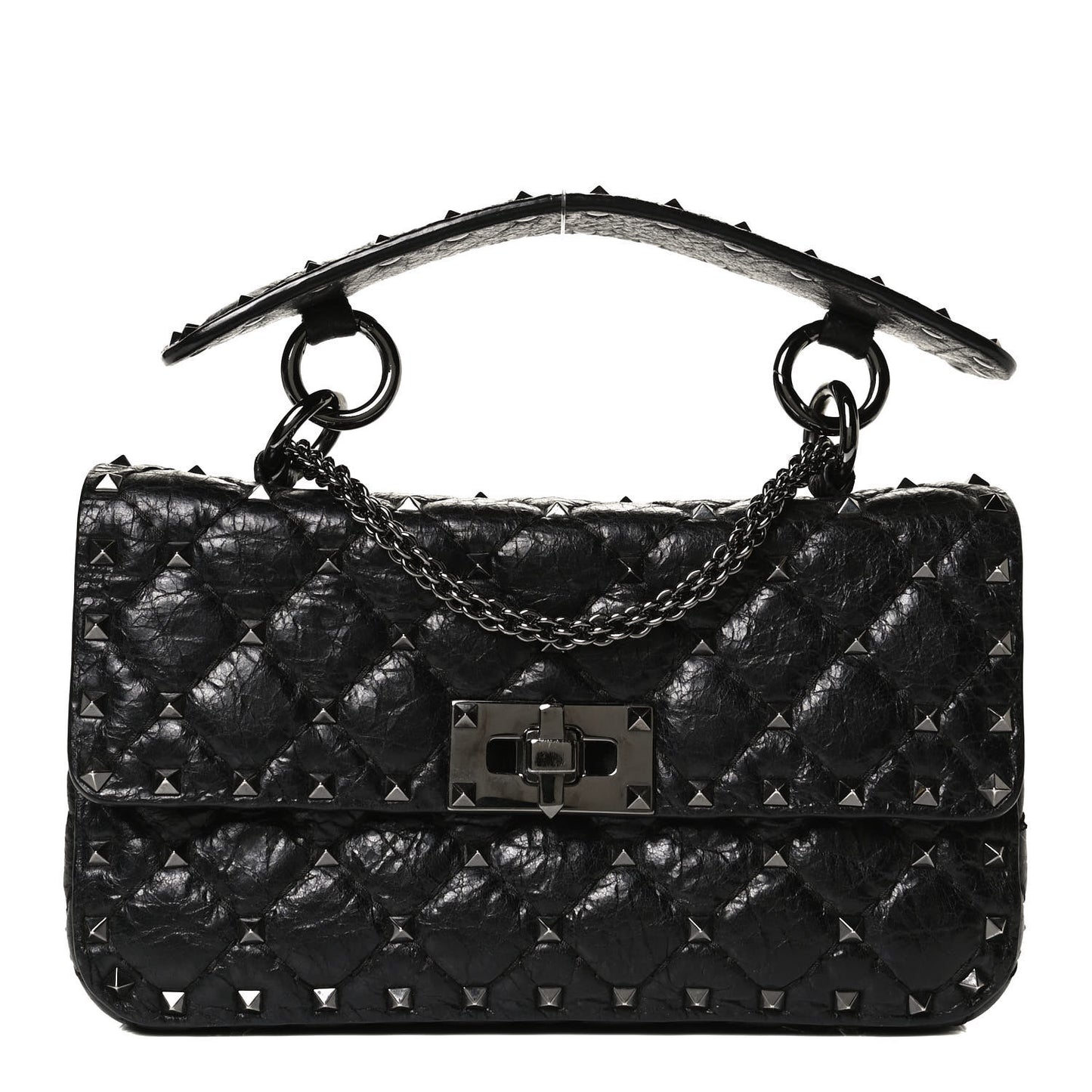Craquele Nappa Small Rockstud Spike Shoulder Bag Black