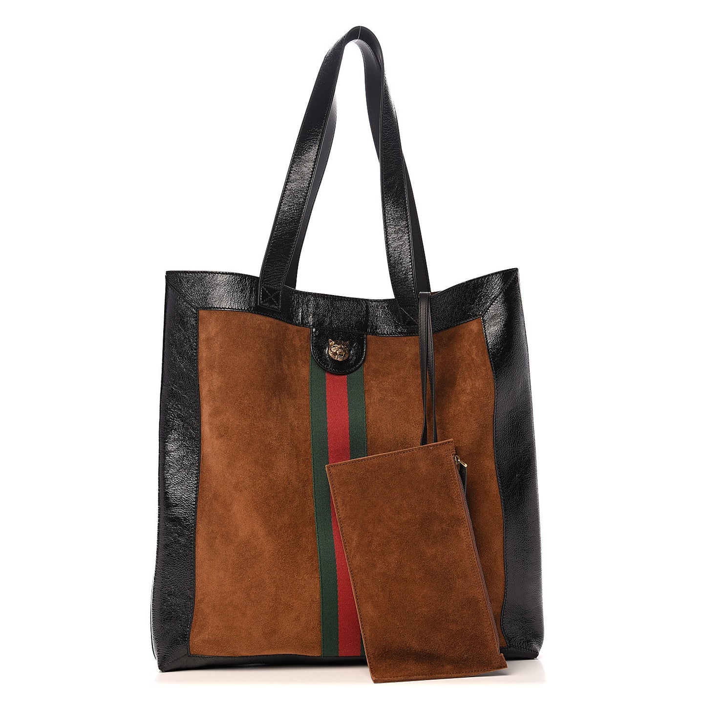 Suede Patent Web Large Ophidia Vertical Shopping Tote Nocciola Black