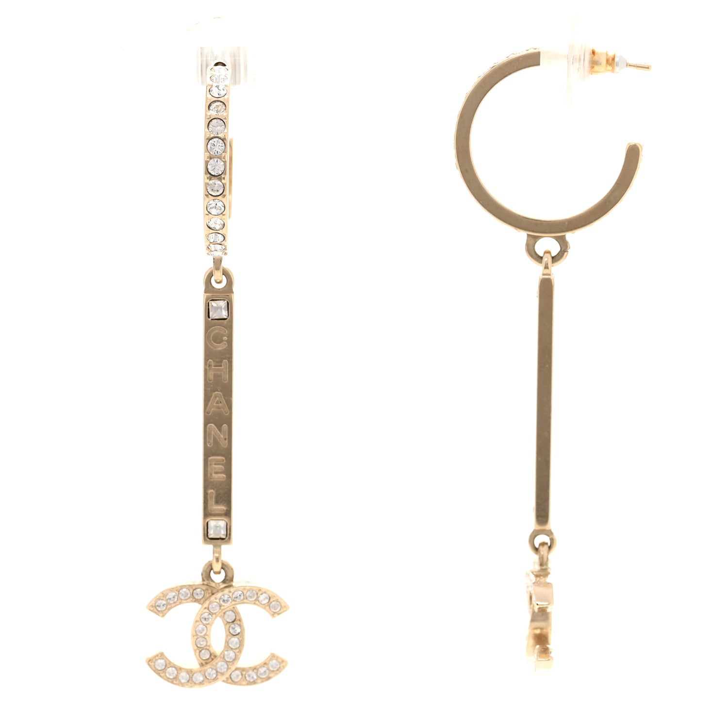 Chanel Crystal Lock Symbols Logo CC Hoop Drop Earrings Gold 1 of 5