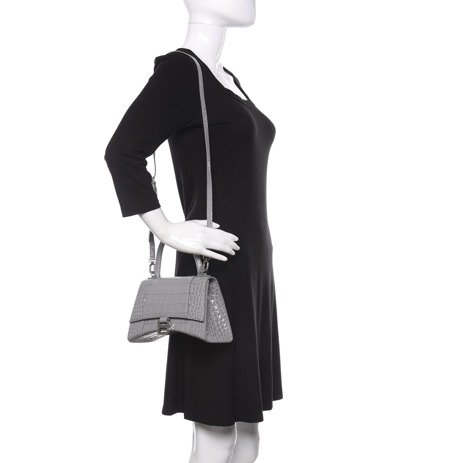 Balenciaga Shiny Calfskin Crocodile Embossed Small Hourglass Top Handle Bag Balenciaga Grey 2 of 11