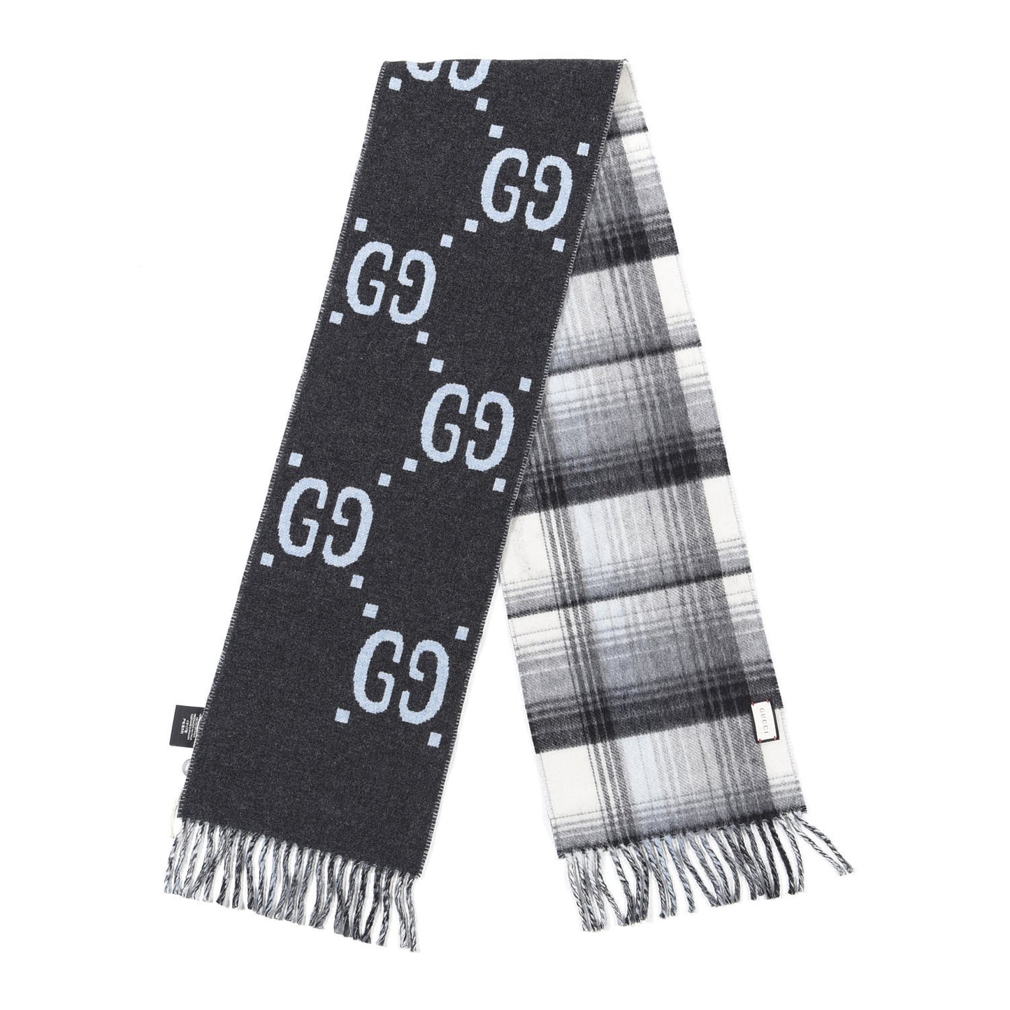 Wool GG Monogram Plaid Tartan Free Scarf Grey