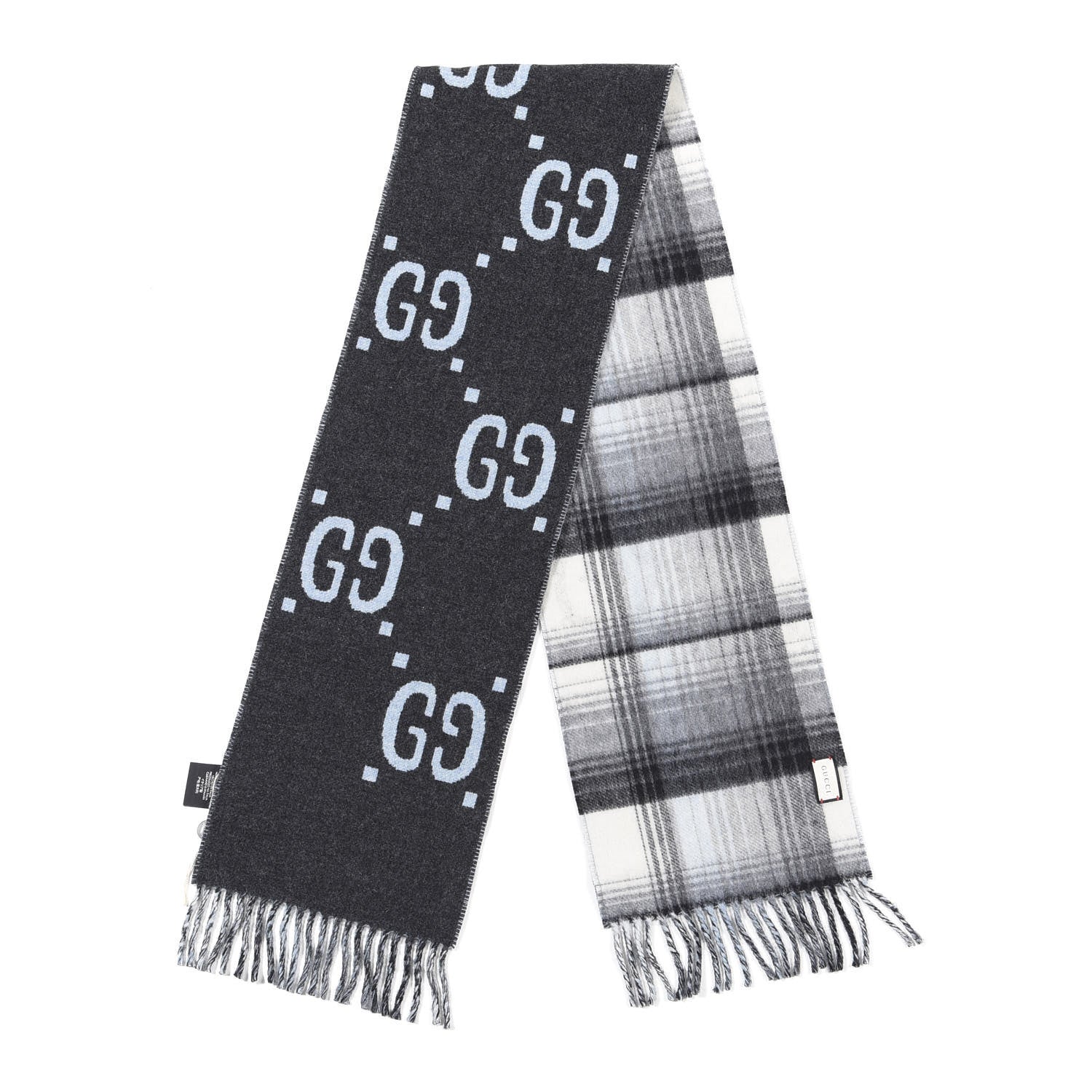 Gucci Wool GG Monogram Plaid Tartan Free Scarf Grey 2 of 4