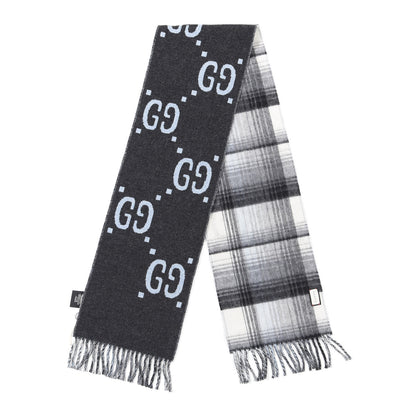 Gucci Wool GG Monogram Plaid Tartan Free Scarf Grey 2 of 4