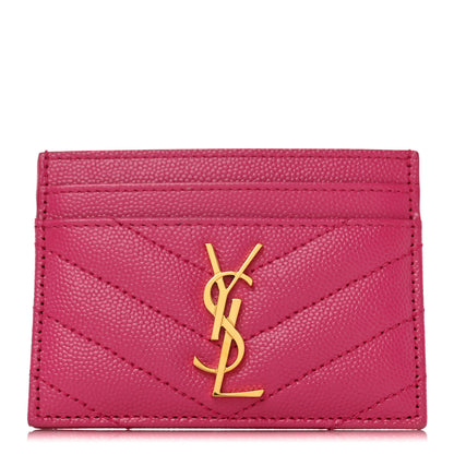 Saint Laurent Grain De Poudre Matelasse Chevron Monogram Credit Card Case Fresh Fuxia 1 of 9