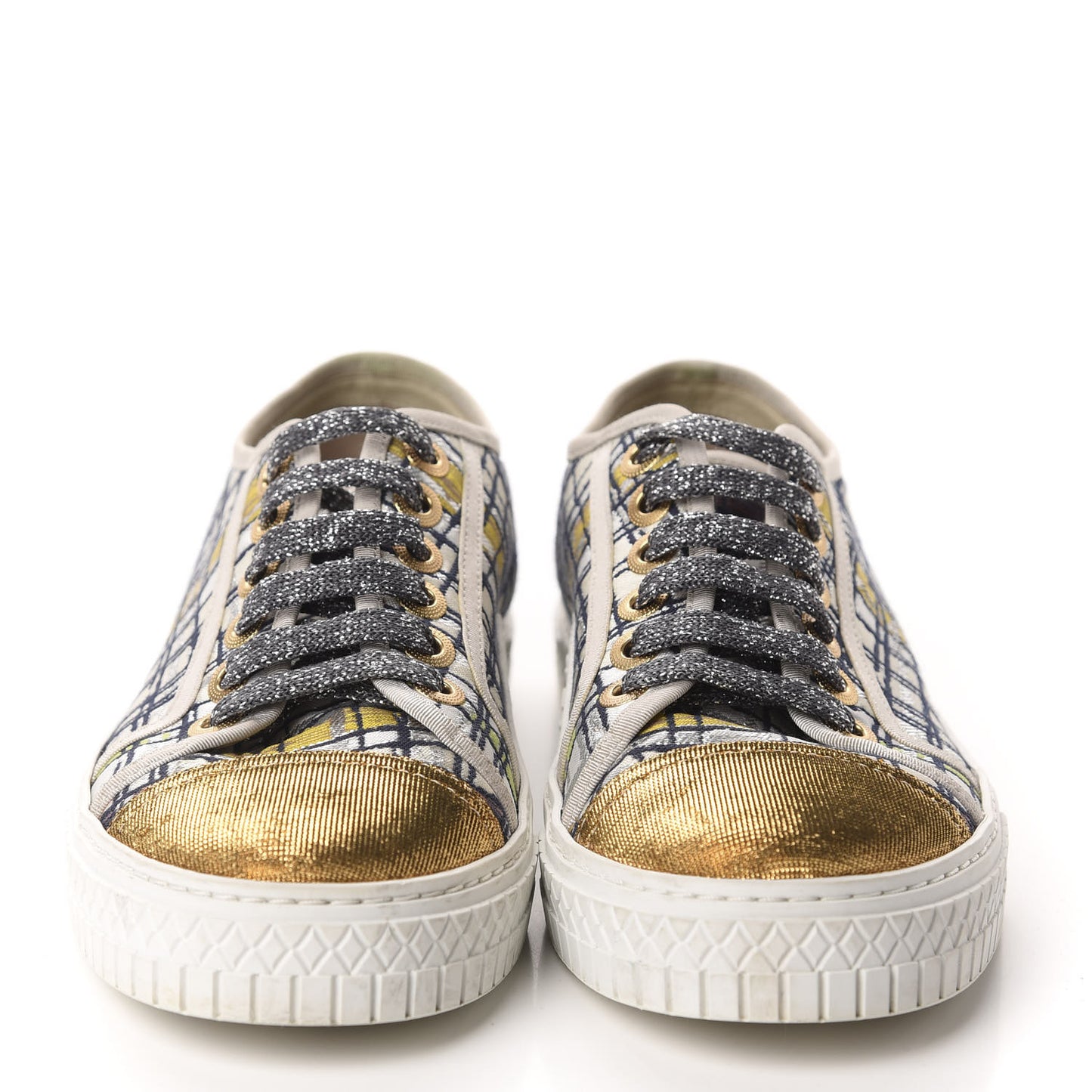Metallic Tweed Low Top Sneakers 35 Ecru Black Yellow Gold