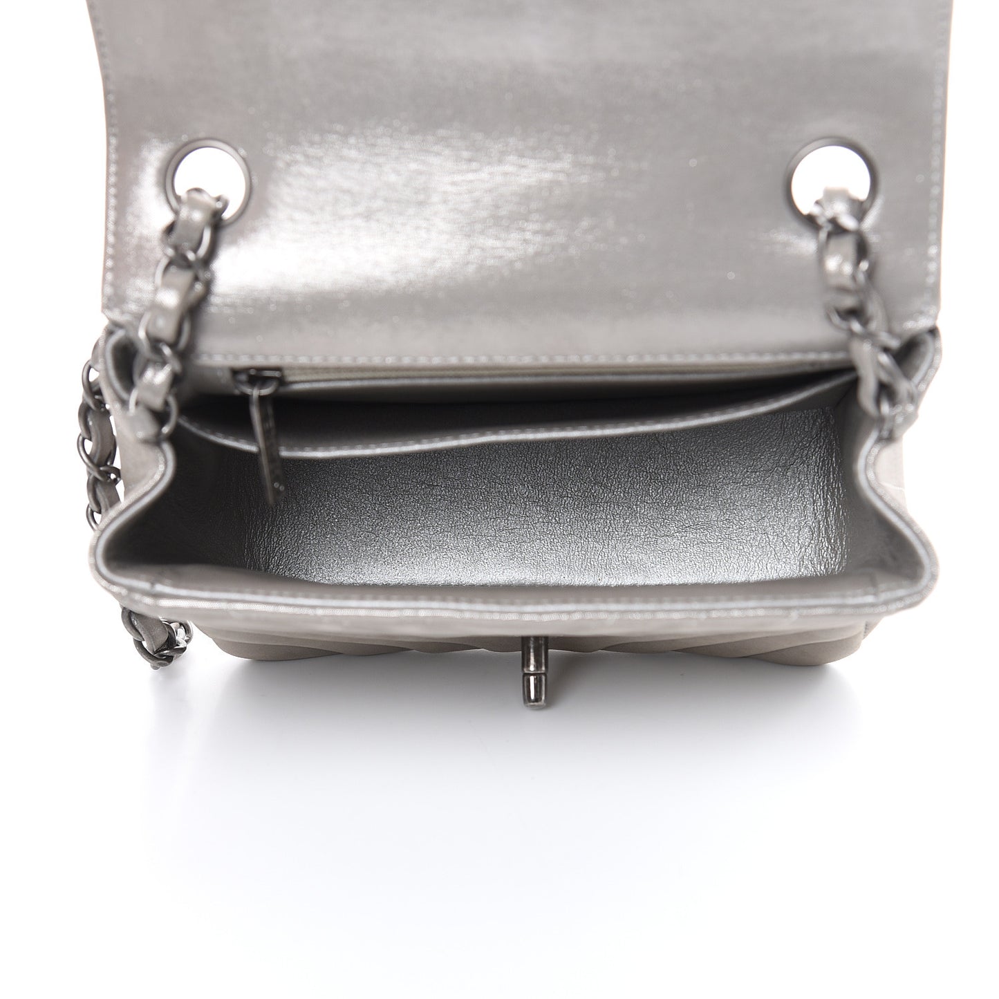 Iridescent Calfskin Chevron Quilted Mini Square Flap Silver