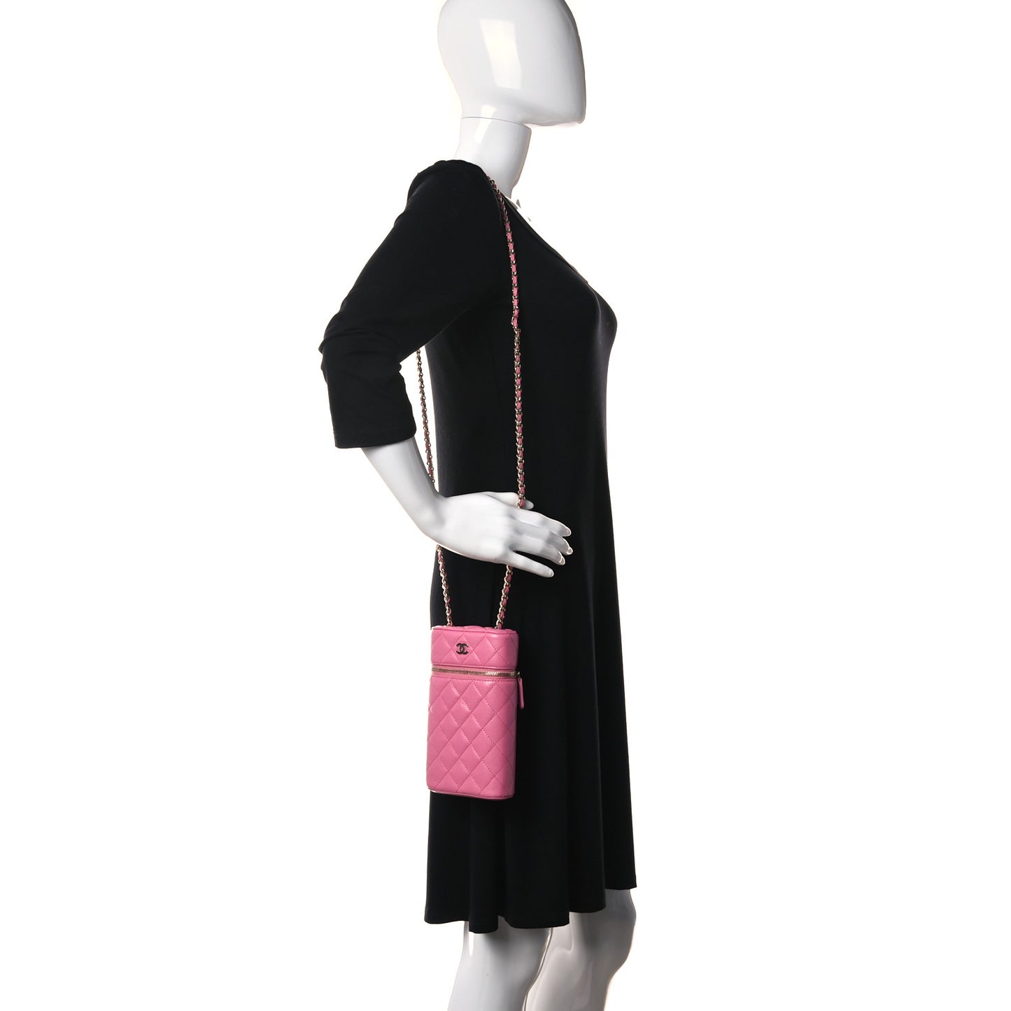 Caviar Quilted Phone Holder With Chain Pink