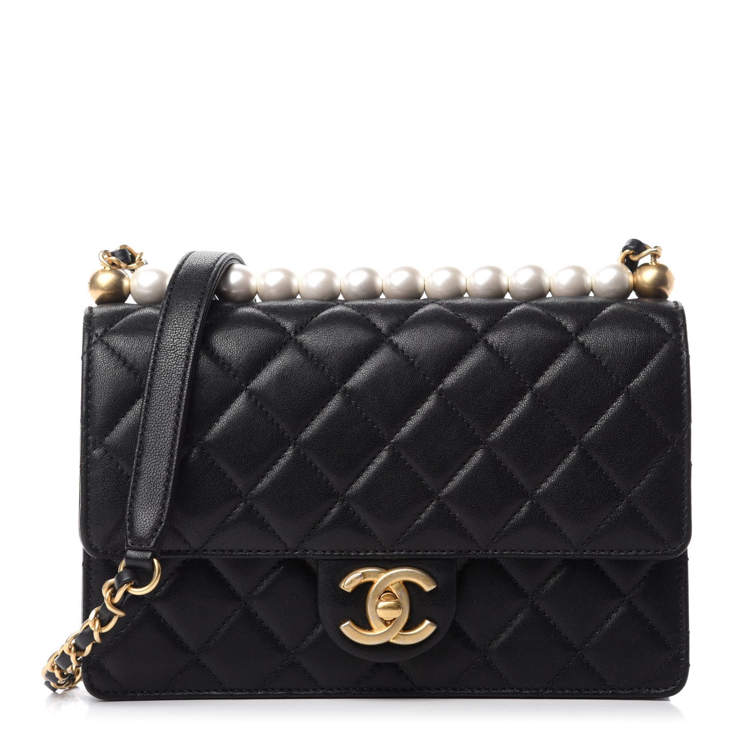 Lambskin Quilted Small Chic Pearls Flap Black